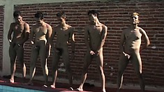 The swim team masturbates and cums in the pool after fucking